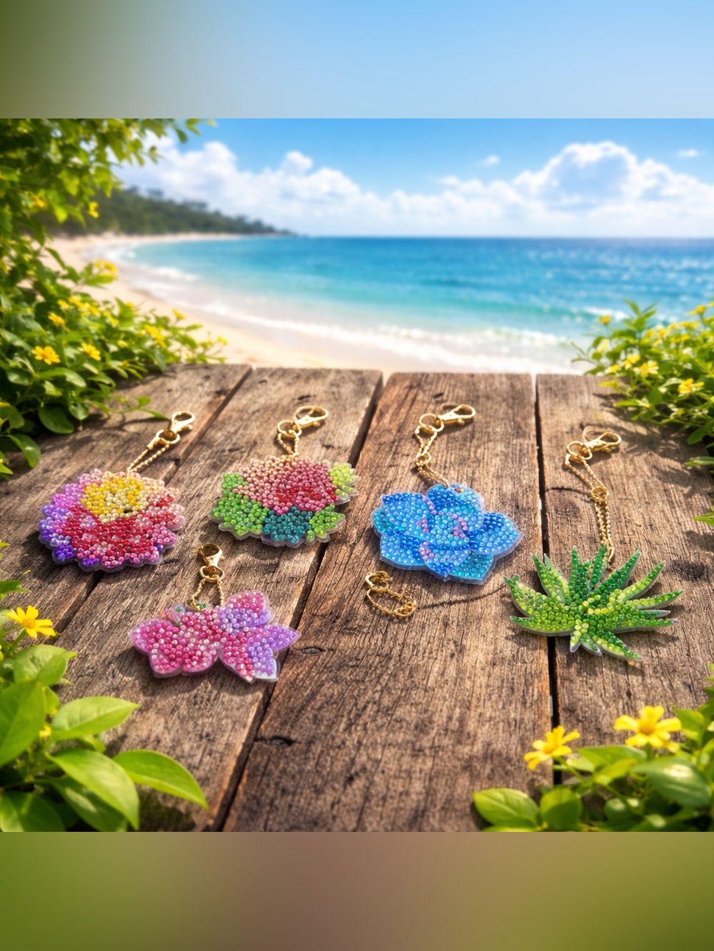 Double-Sided Floral Gem Keychain Set